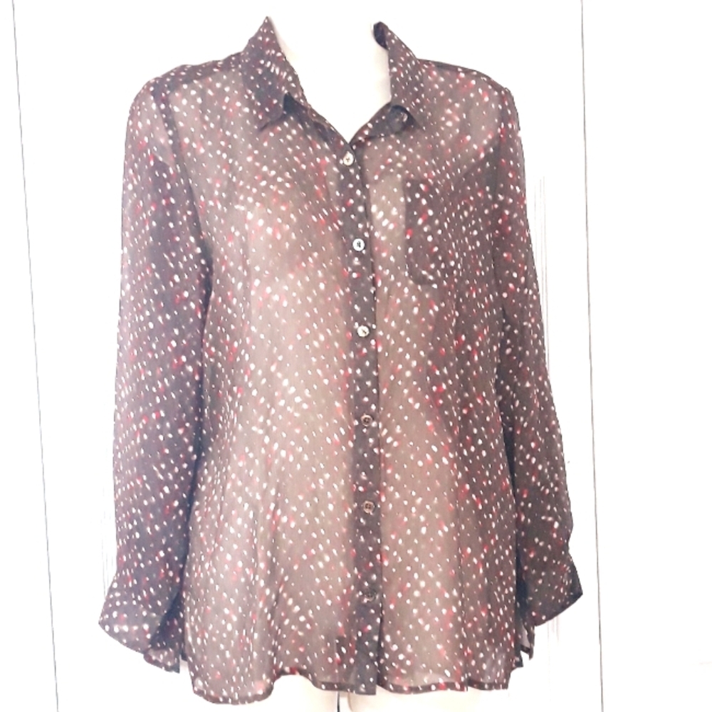 J.Jill Polka Dot Sheer Blouse - Brown and Red Long-Sleeve Button Down  Medium